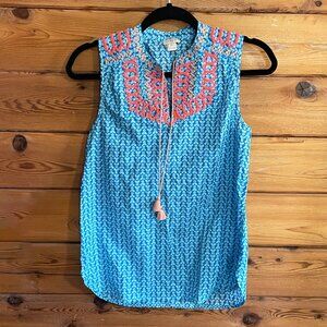 J.Crew Blue and Coral Embroidered Top